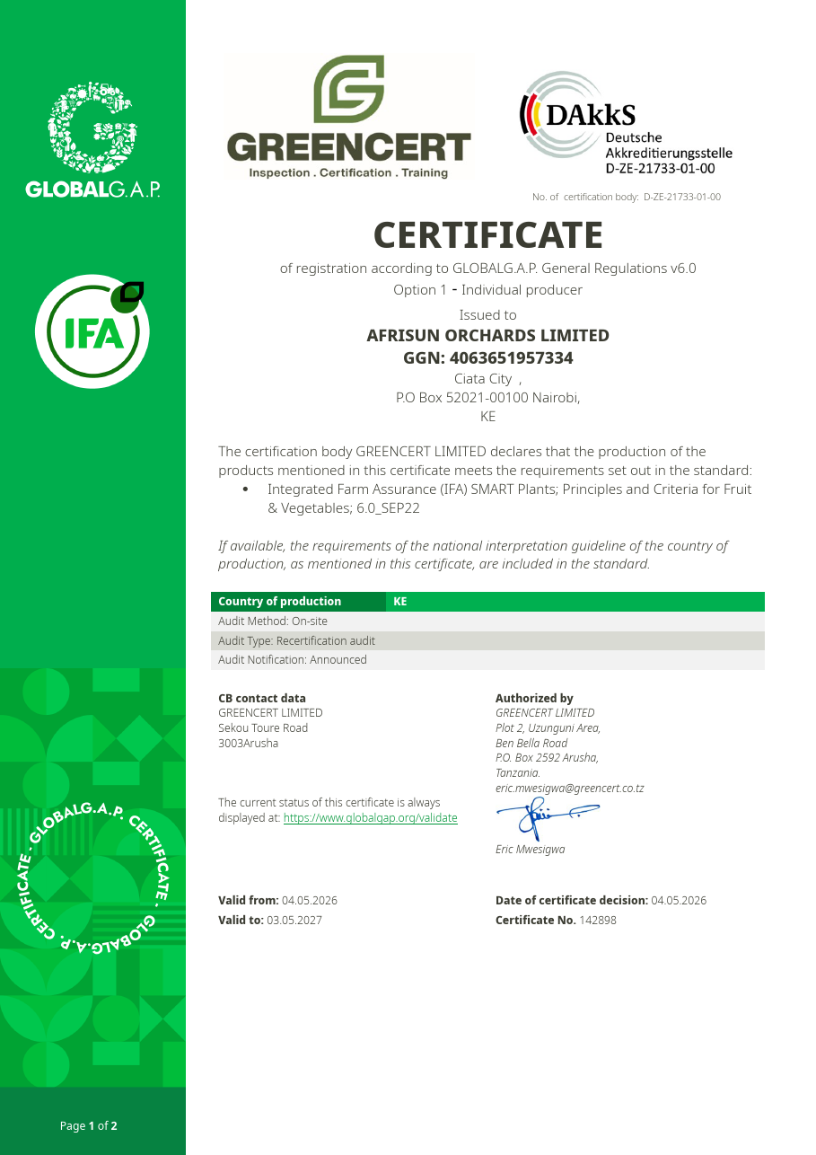 Afrisun Orchards GLOBALG.A.P. certificate valid 2026 to 2027