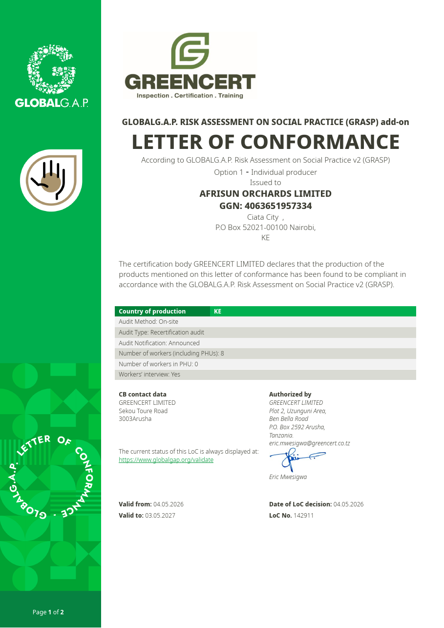 Afrisun Orchards GRASP Letter of Conformance valid 2026 to 2027