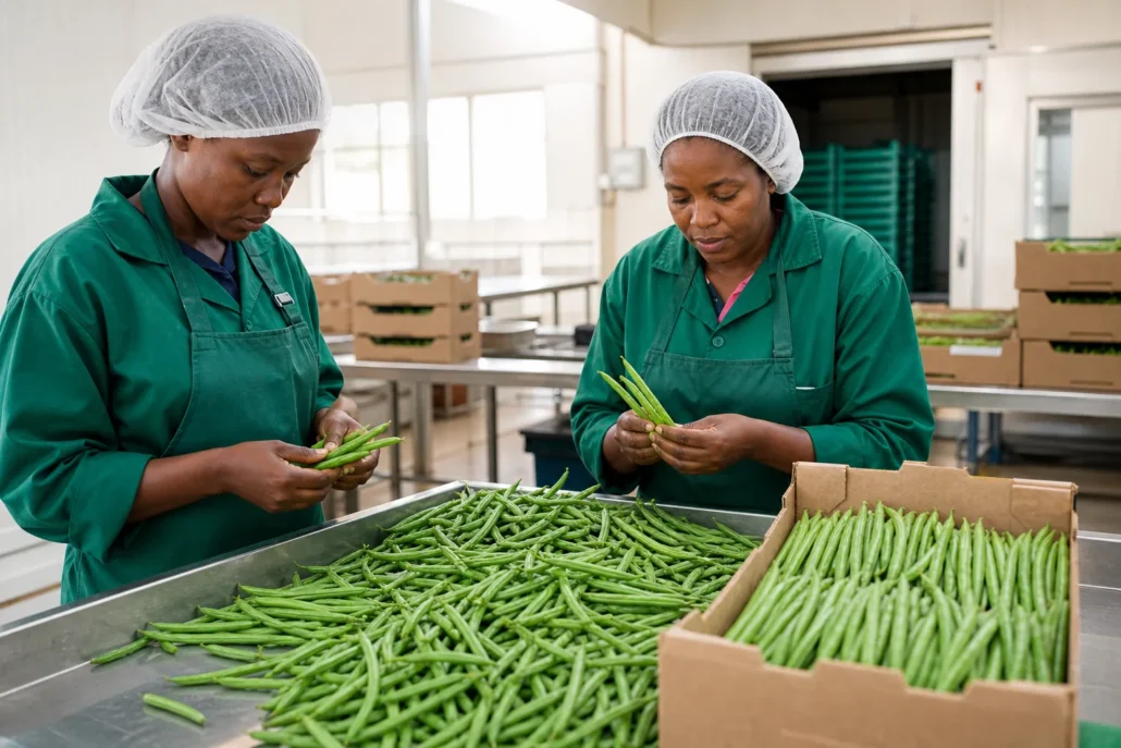 Kenyan packhouse quality team inspecting French beans for an export buyer order
