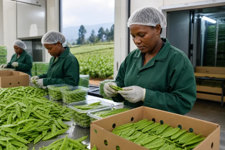 Kenyan packhouse team checking and packing flat snow pea mangetout pods for export